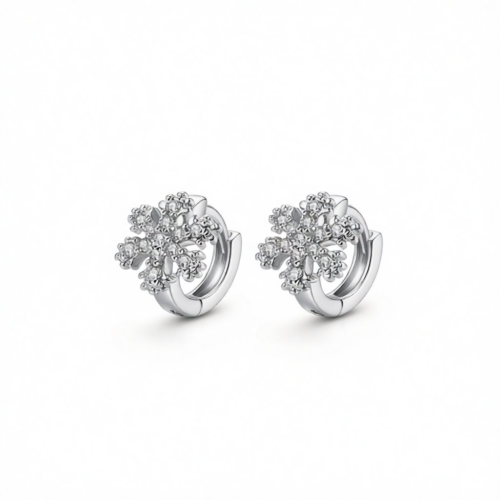 Cubic Zirconia and Silver-Plated Snowflake Huggie Earrings, silver huggie earrings, elegant gift for her, side view