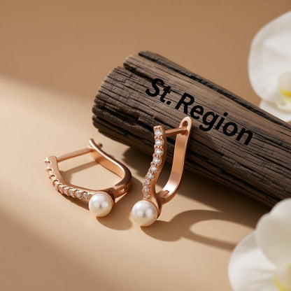 Pearl and 18K Rose Gold-Plated Huggie Earrings, rose gold huggie earrings, dainty minimalist design, front view