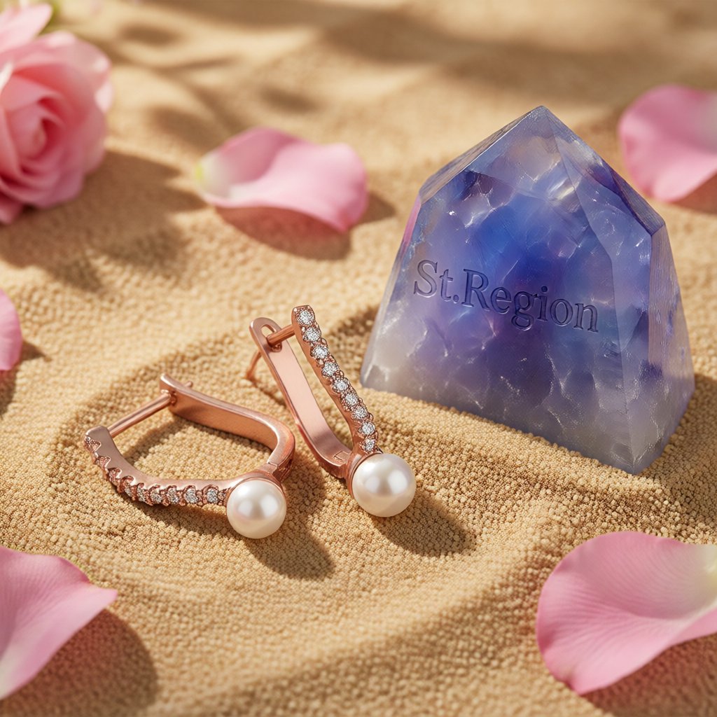 Pearl and 18K Rose Gold-Plated Huggie Earrings, rose gold huggie earrings, dainty minimalist design, detail close-up