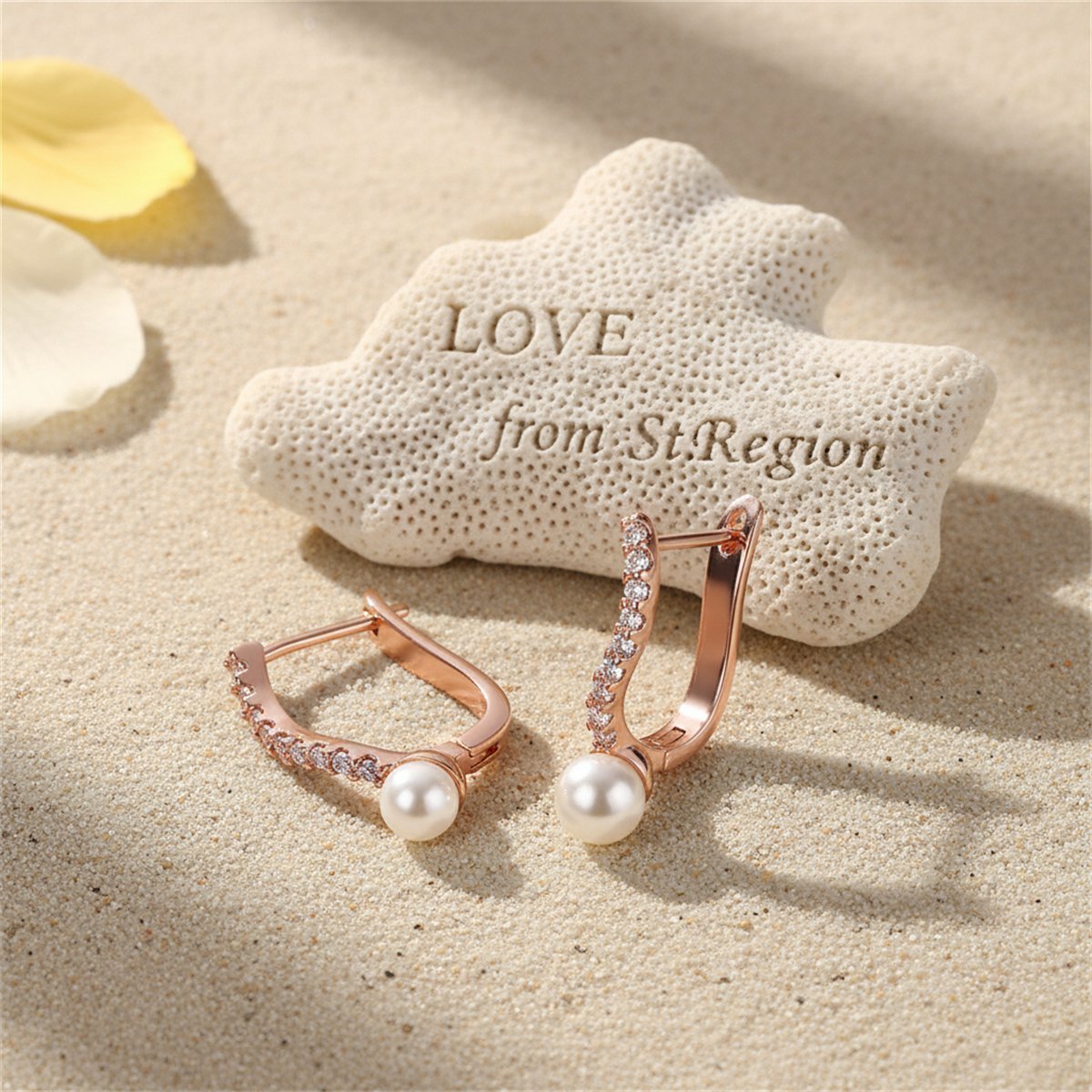 Pearl and 18K Rose Gold-Plated Huggie Earrings, rose gold huggie earrings, dainty minimalist design, lifestyle look