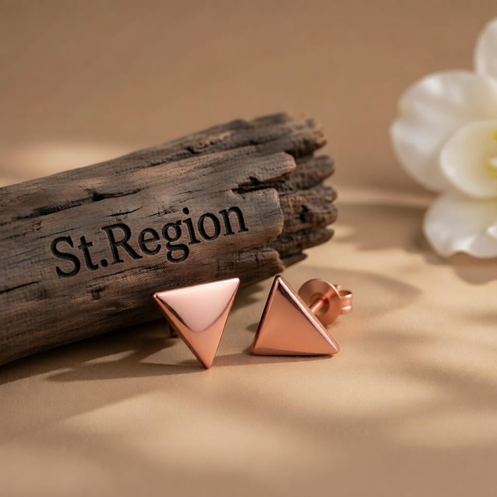 18K Rose Gold-Plated Triangle Stud Earrings, cubic zirconia stud earrings for women, everyday style, front view