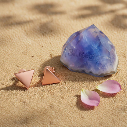 18K Rose Gold-Plated Triangle Stud Earrings, cubic zirconia stud earrings for women, everyday style, detail close-up