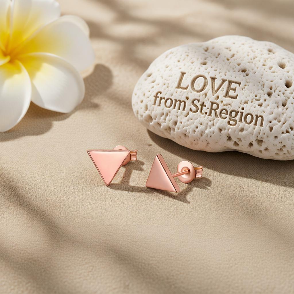 18K Rose Gold-Plated Triangle Stud Earrings, cubic zirconia stud earrings for women, everyday style, lifestyle look