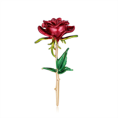 Red Enamel and 18K Gold-Plated Rose Brooch, gold brooch pin, vintage-inspired design, front view