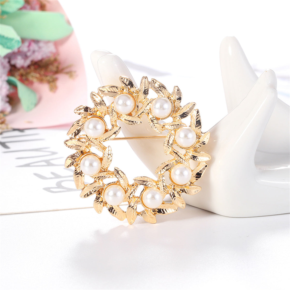 Pearl and 18K Gold-Plated Wreath Brooch, gold brooch pin, dainty minimalist design, side view