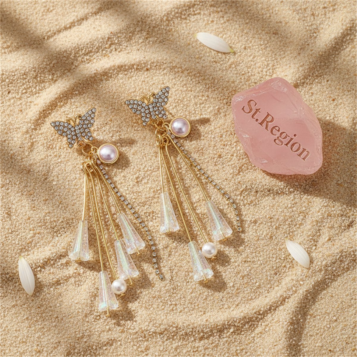 Pearl and 18K Gold-Plated Butterfly Tassel Drop Earrings, gold drop earrings for women, elegant gift for her, detail close-up