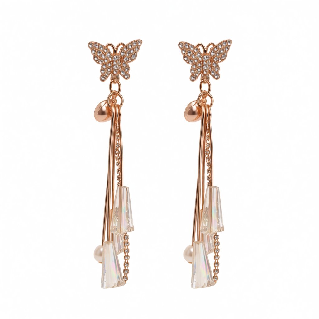 Pearl and 18K Gold-Plated Butterfly Tassel Drop Earrings, gold drop earrings for women, elegant gift for her, side view