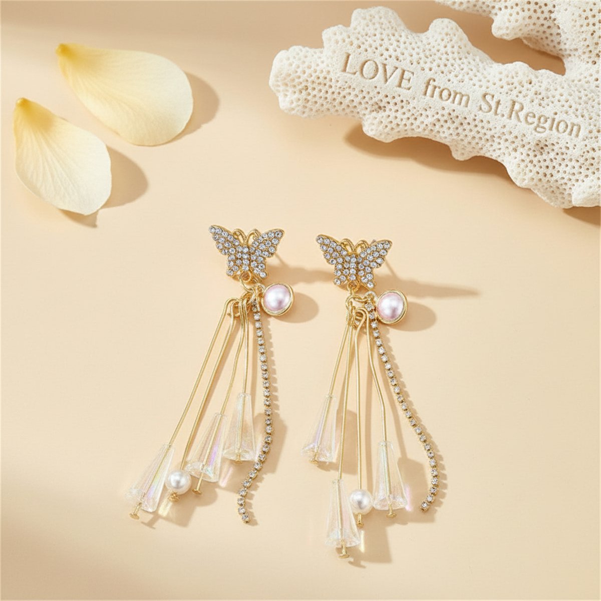 Pearl and 18K Gold-Plated Butterfly Tassel Drop Earrings, gold drop earrings for women, elegant gift for her, lifestyle look