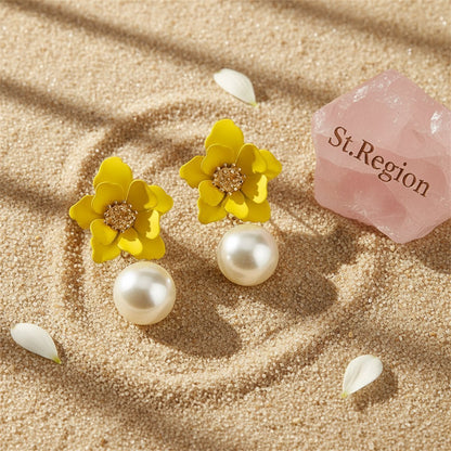 Yellow Acrylic and Pearl Flower Drop Earrings, drop earrings for women, everyday style, detail close-up