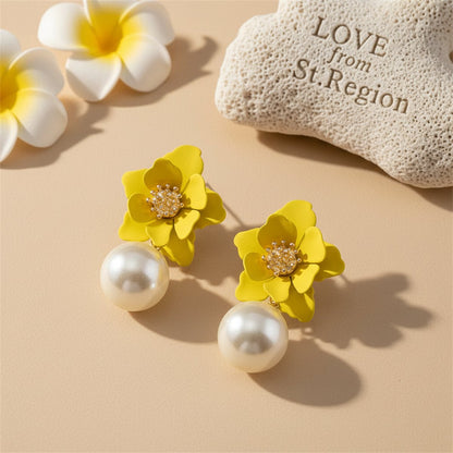 Yellow Acrylic and Pearl Flower Drop Earrings, drop earrings for women, everyday style, lifestyle look