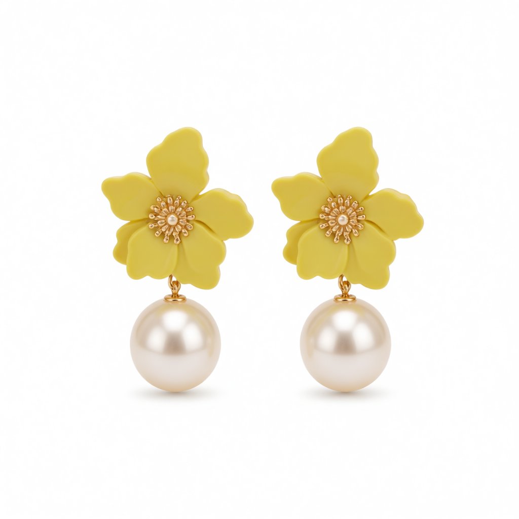 Yellow Acrylic and Pearl Flower Drop Earrings, drop earrings for women, everyday style, side view