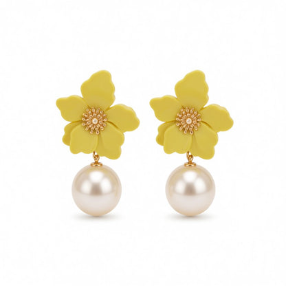Yellow Acrylic and Pearl Flower Drop Earrings, drop earrings for women, everyday style, side view