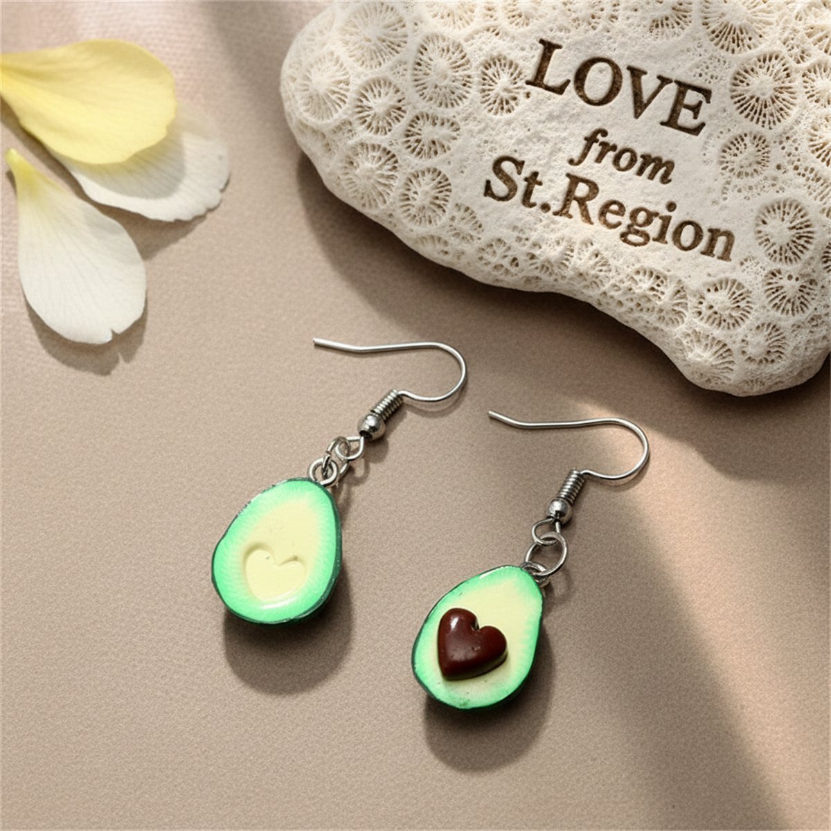 Green and Silver-Plated Avocado Heart Drop Earrings, silver drop earrings for women, everyday style, lifestyle look