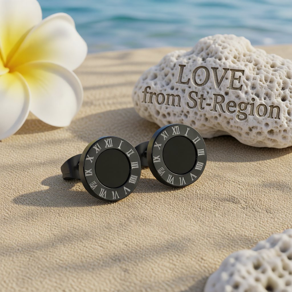 Black Round Roman Numeral Stud Earrings