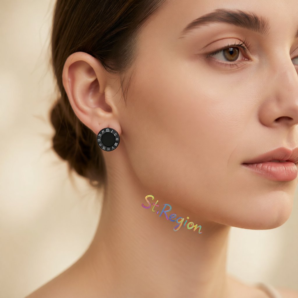 Black Round Roman Numeral Stud Earrings