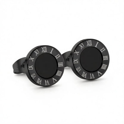 Black Round Roman Numeral Stud Earrings