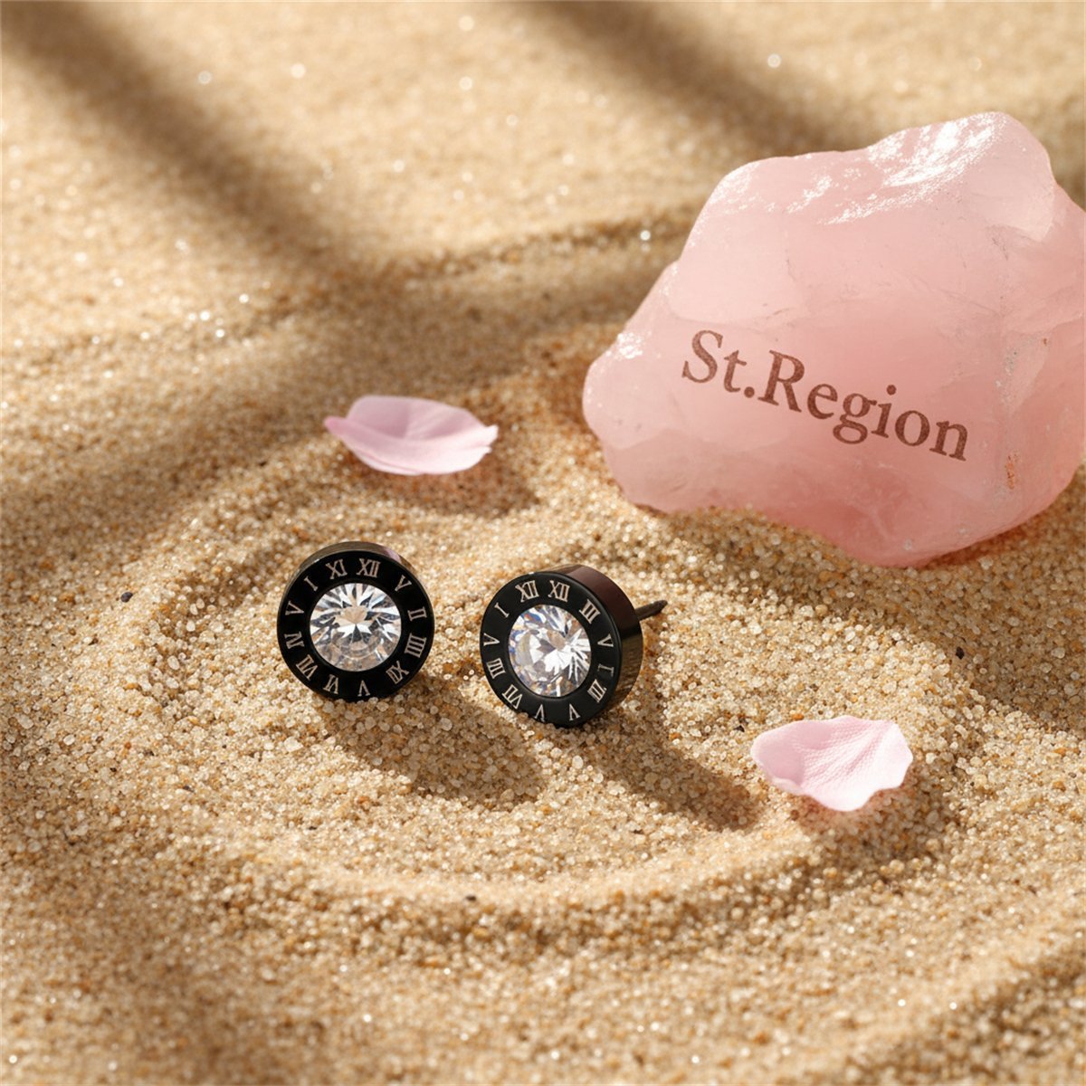 Cubic Zirconia and Black Round Roman Numeral Stud Earrings, stud earrings for women, everyday style, detail close-up