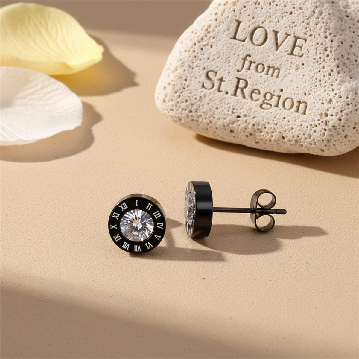 Cubic Zirconia and Black Round Roman Numeral Stud Earrings, stud earrings for women, everyday style, lifestyle look