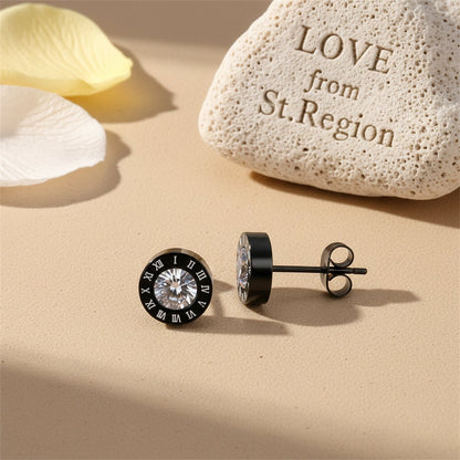 Cubic Zirconia and Black Round Roman Numeral Stud Earrings, stud earrings for women, everyday style, lifestyle look