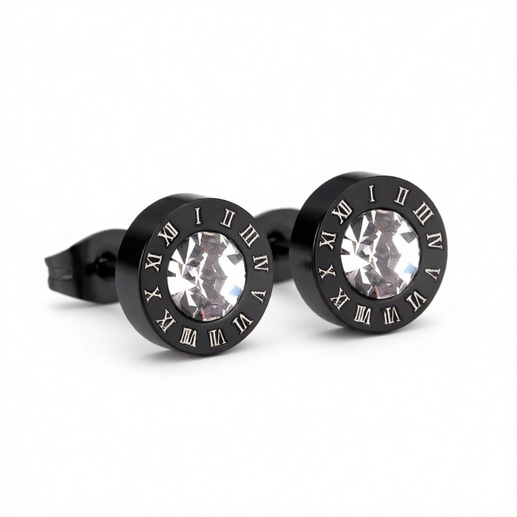 Cubic Zirconia and Black Round Roman Numeral Stud Earrings, stud earrings for women, everyday style, side view