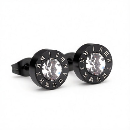 Cubic Zirconia and Black Round Roman Numeral Stud Earrings, stud earrings for women, everyday style, side view