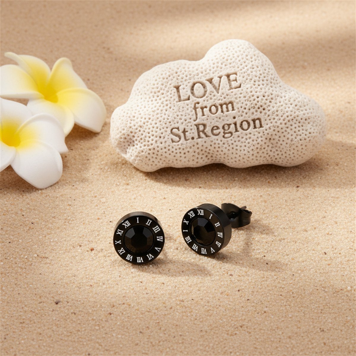 Black Cubic Zirconia and Black Round Roman Numeral Stud Earrings, stud earrings for women, lifestyle look