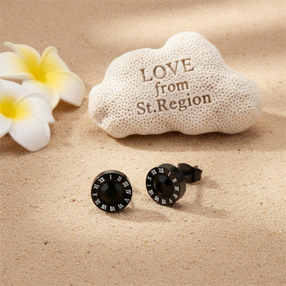 Black Cubic Zirconia and Black Round Roman Numeral Stud Earrings, stud earrings for women, lifestyle look