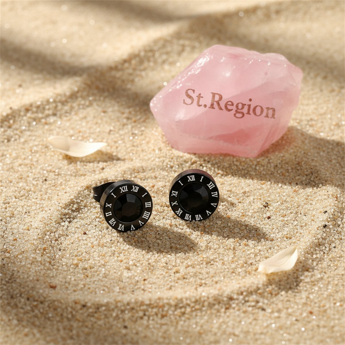 Black Cubic Zirconia and Black Round Roman Numeral Stud Earrings, stud earrings for women, detail close-up