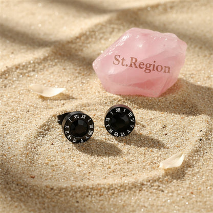 Black Cubic Zirconia and Black Round Roman Numeral Stud Earrings, stud earrings for women, detail close-up