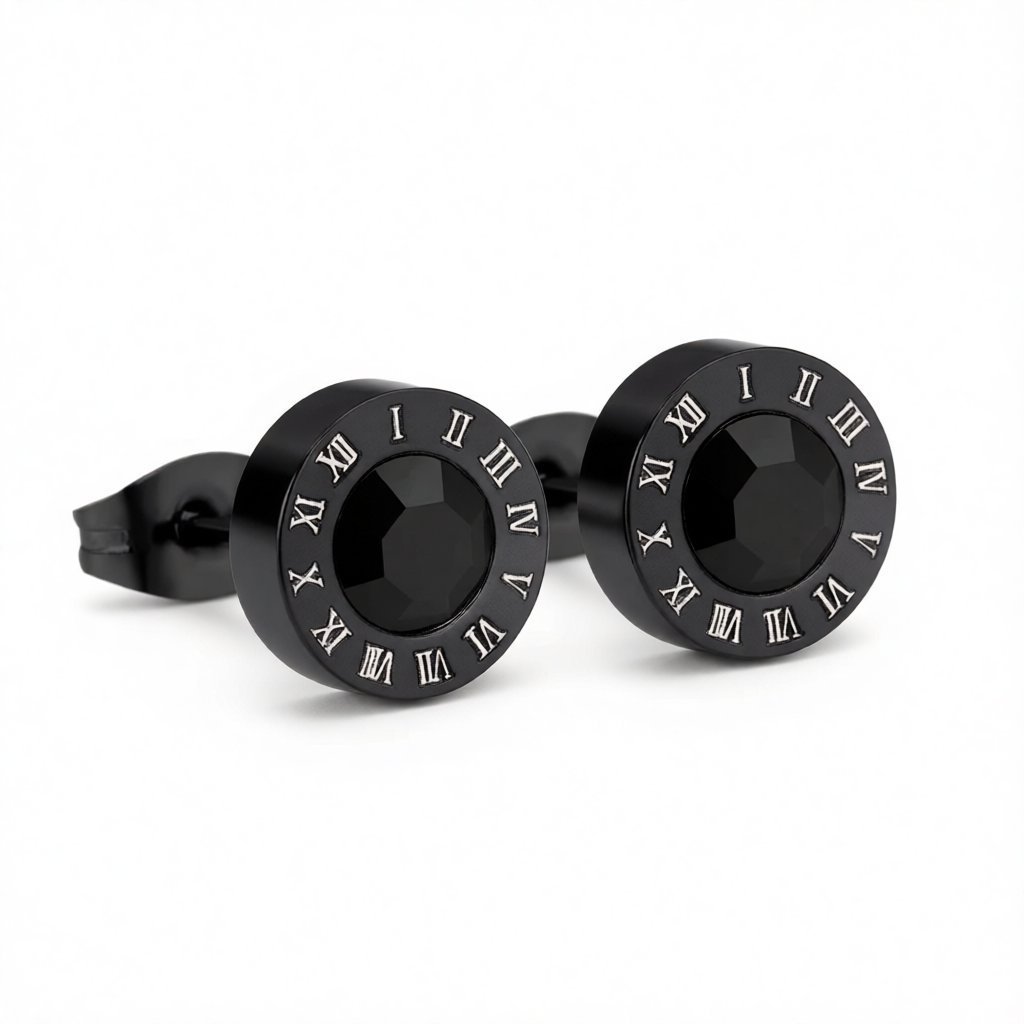 Black Cubic Zirconia and Black Round Roman Numeral Stud Earrings, stud earrings for women, vintage-inspired design, side view