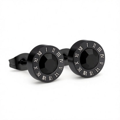 Black Cubic Zirconia and Black Round Roman Numeral Stud Earrings, stud earrings for women, vintage-inspired design, side view