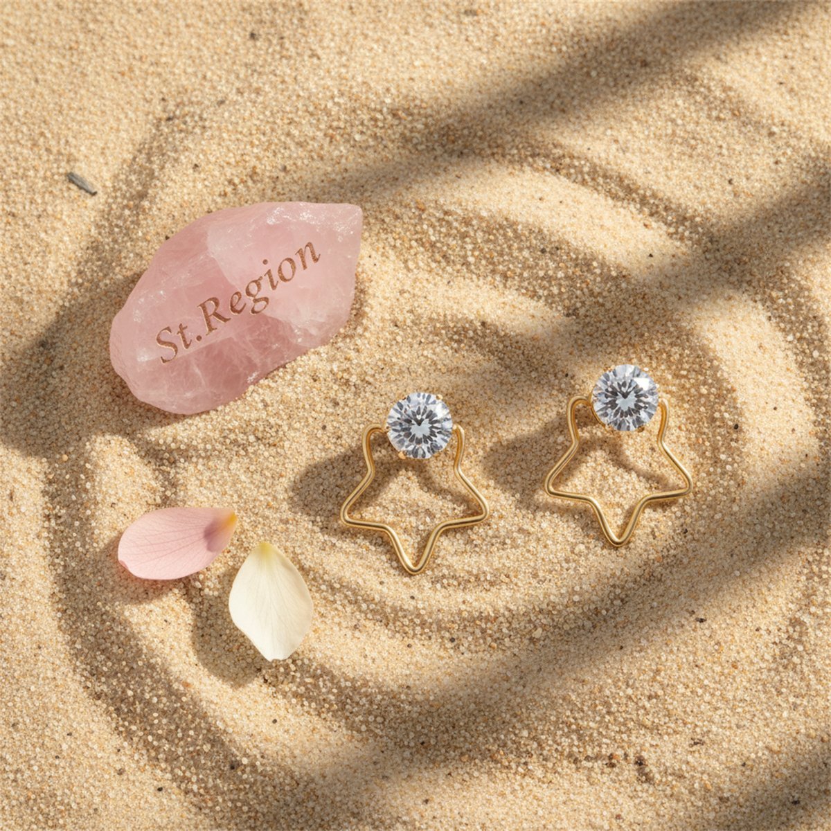 Cubic Zirconia and 18K Gold-Plated Open Star Stud Earrings, gold stud earrings for women, botanical inspired, detail close-up