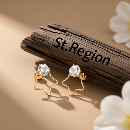 Cubic Zirconia and 18K Gold-Plated Open Star Stud Earrings, gold stud earrings for women, botanical inspired, front view