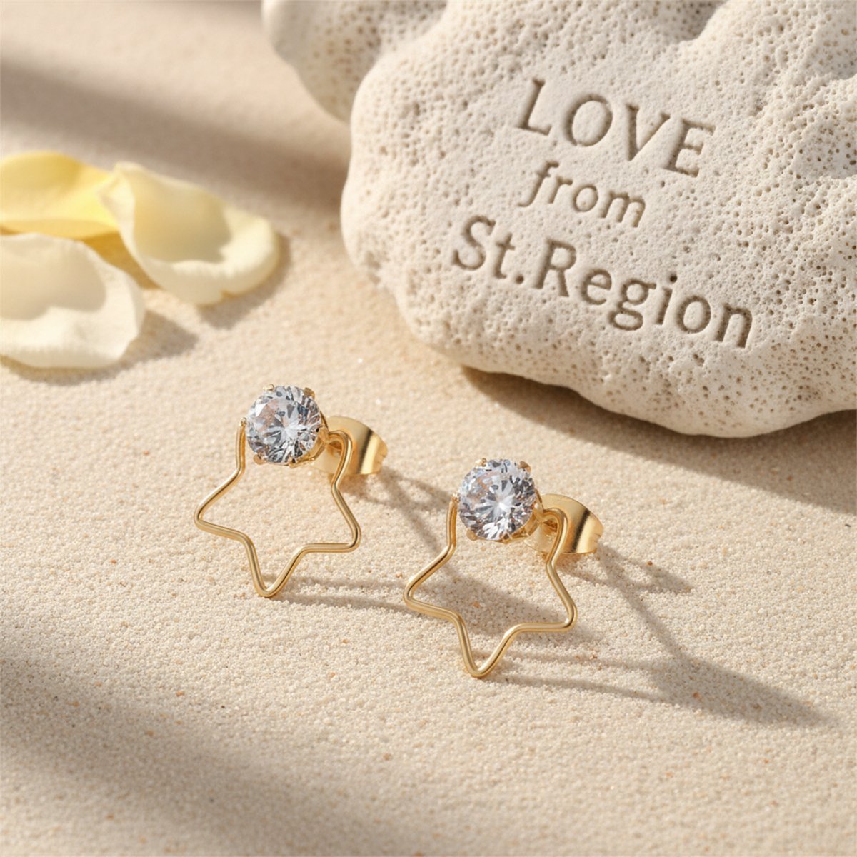 Cubic Zirconia and 18K Gold-Plated Open Star Stud Earrings, gold stud earrings for women, botanical inspired, lifestyle look