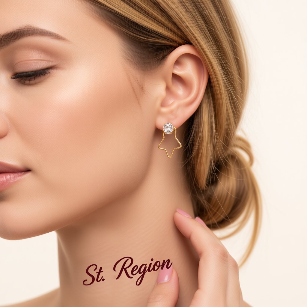 Cubic Zirconia and 18K Gold-Plated Open Star Stud Earrings, gold stud earrings for women, botanical inspired, styled look