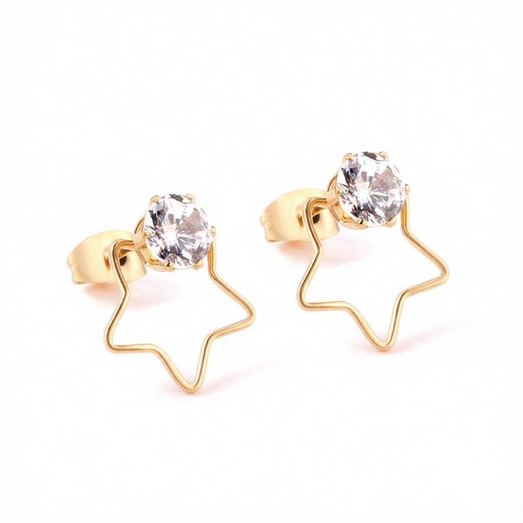 Cubic Zirconia and 18K Gold-Plated Open Star Stud Earrings, gold stud earrings for women, botanical inspired, side view