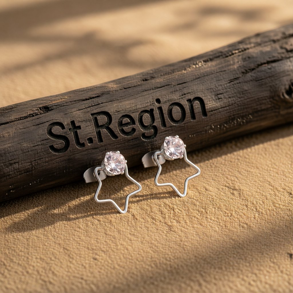 Clear Cubic Zirconia and Silver-Plated Open Star Stud Earrings, silver stud earrings for women, everyday style, front view