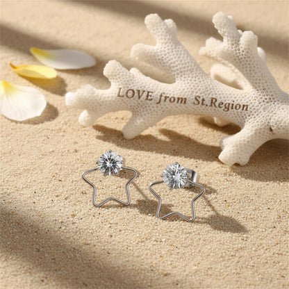 Clear Cubic Zirconia and Silver-Plated Open Star Stud Earrings, silver stud earrings for women, lifestyle look