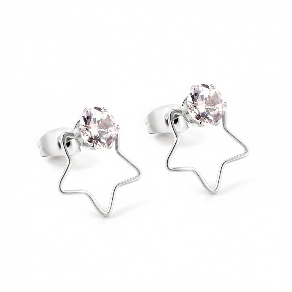 Clear Cubic Zirconia and Silver-Plated Open Star Stud Earrings, silver stud earrings for women, everyday style, side view