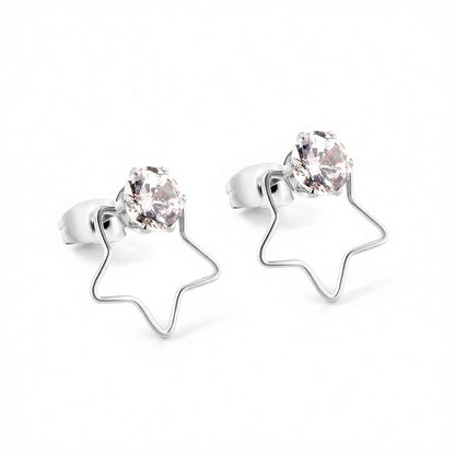 Clear Cubic Zirconia and Silver-Plated Open Star Stud Earrings, silver stud earrings for women, everyday style, side view