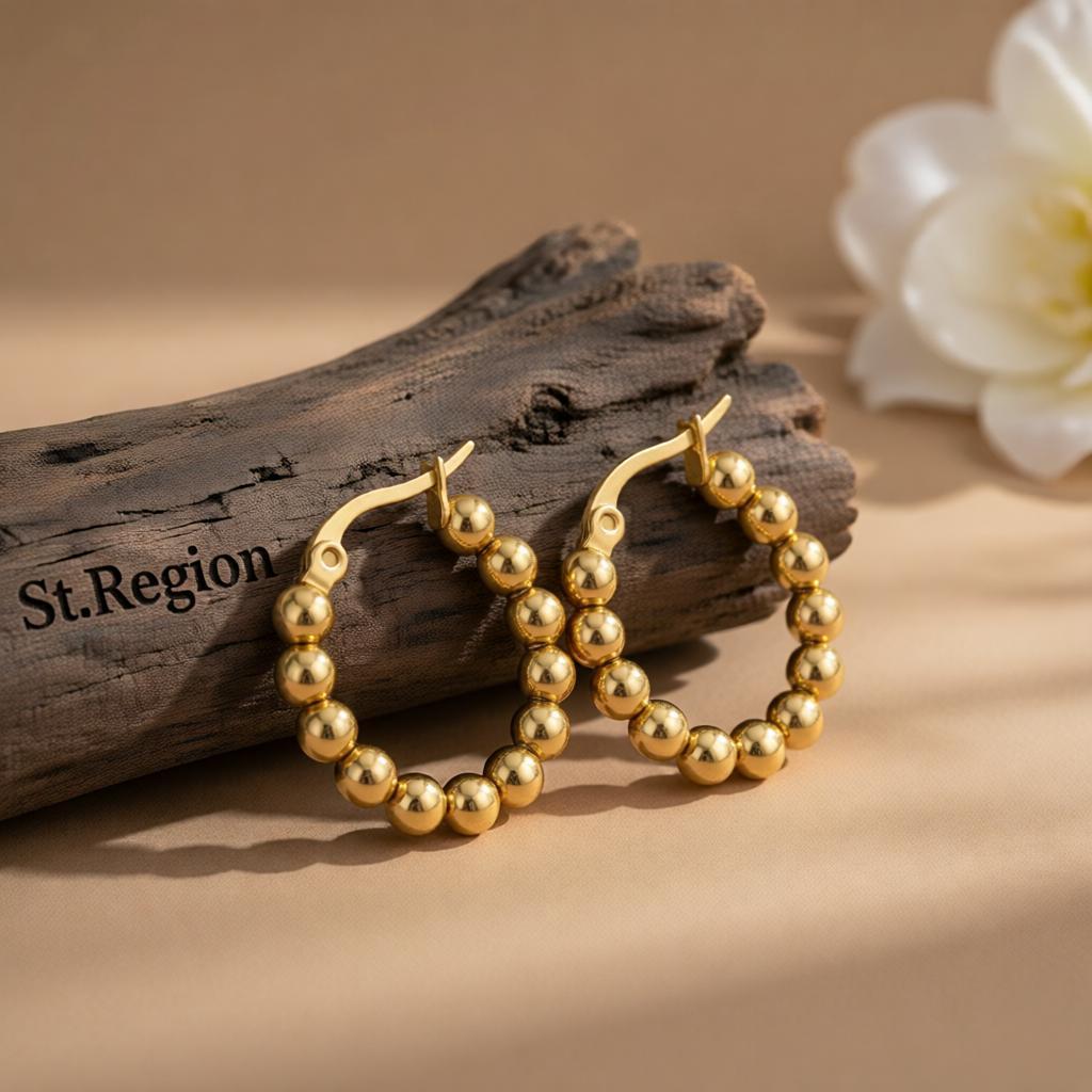 18K Gold-Plated Bead Hoop Earring, gold hoop earrings for women, everyday style, front view