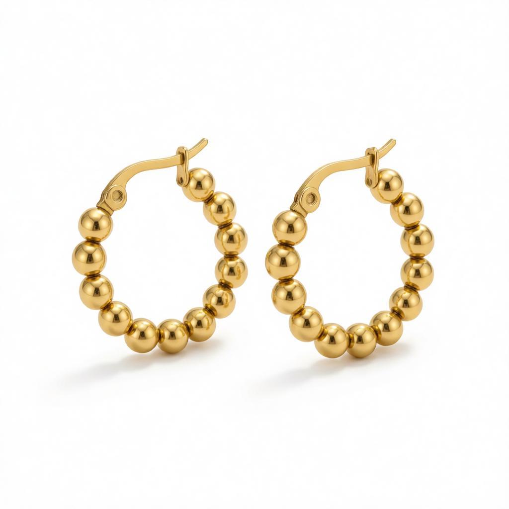 18K Gold-Plated Bead Hoop Earring, gold hoop earrings for women, everyday style, side view
