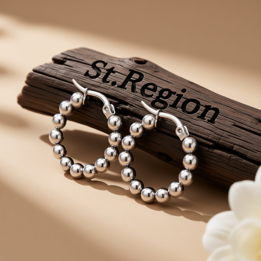 Silver-Plated Bead Hoop Earring, silver hoop earrings for women, everyday style, front view