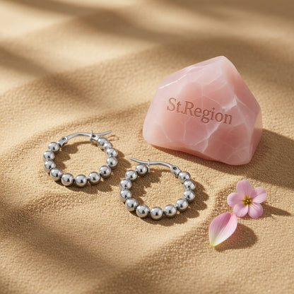Silver-Plated Bead Hoop Earring, silver hoop earrings for women, everyday style, detail close-up