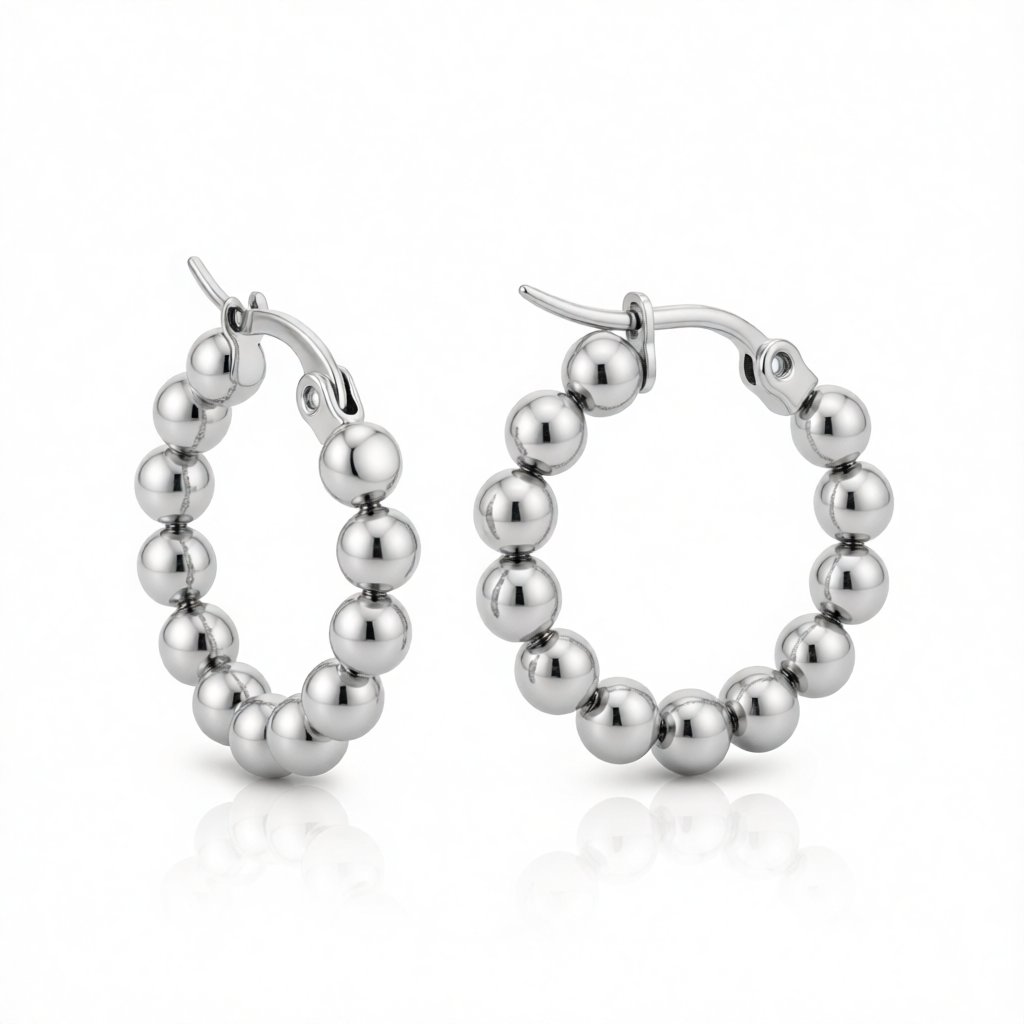 Silver-Plated Bead Hoop Earring, silver hoop earrings for women, everyday style, side view