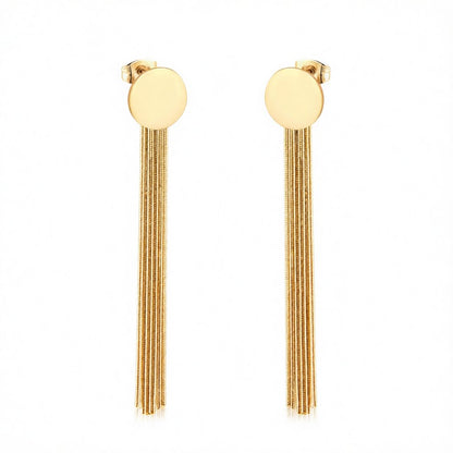 18K Gold-Plated Round Tassel Drop Earrings, gold drop earrings for women, everyday style, side view