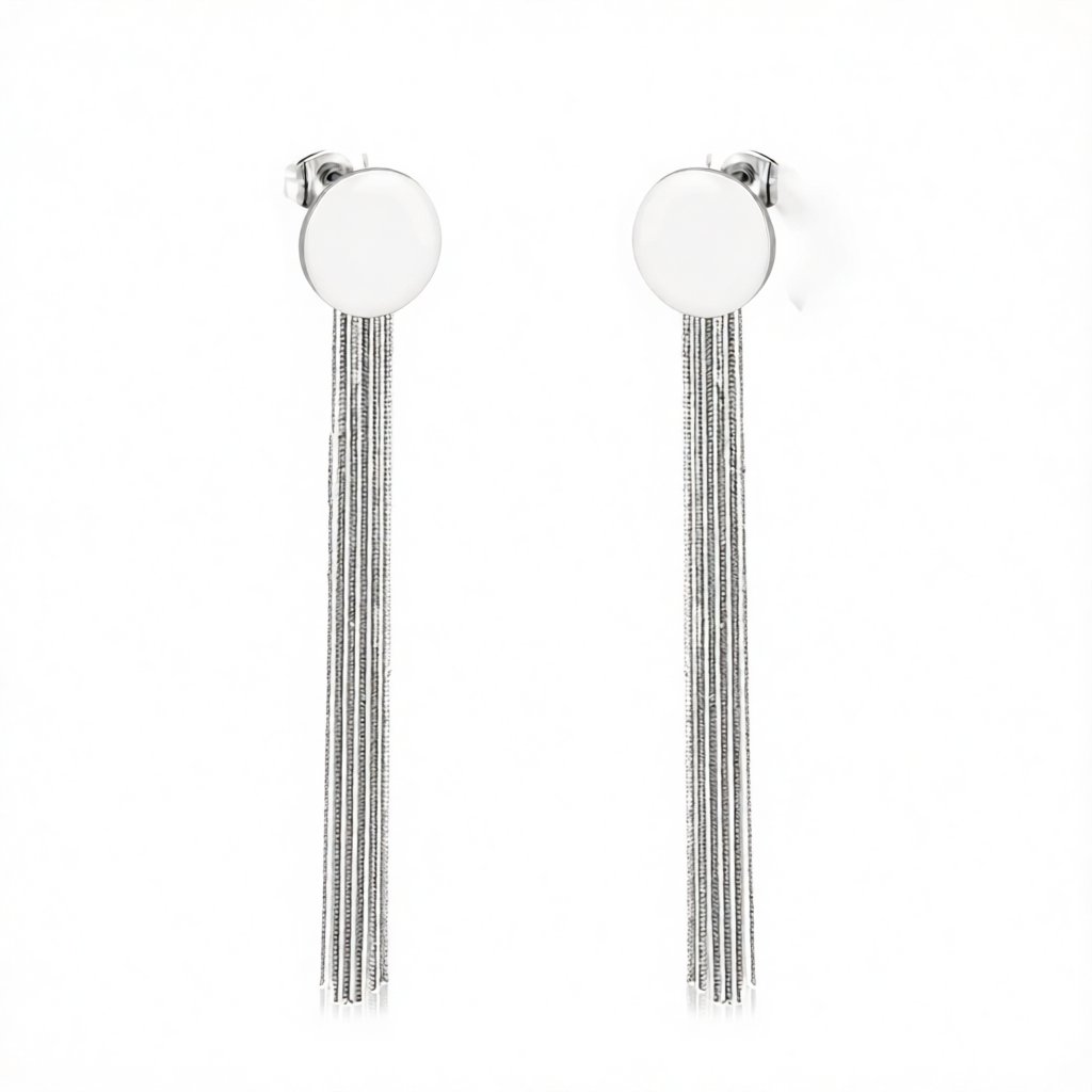Silver-Plated Round Tassel Drop Earrings, silver drop earrings for women, elegant gift for her, side view