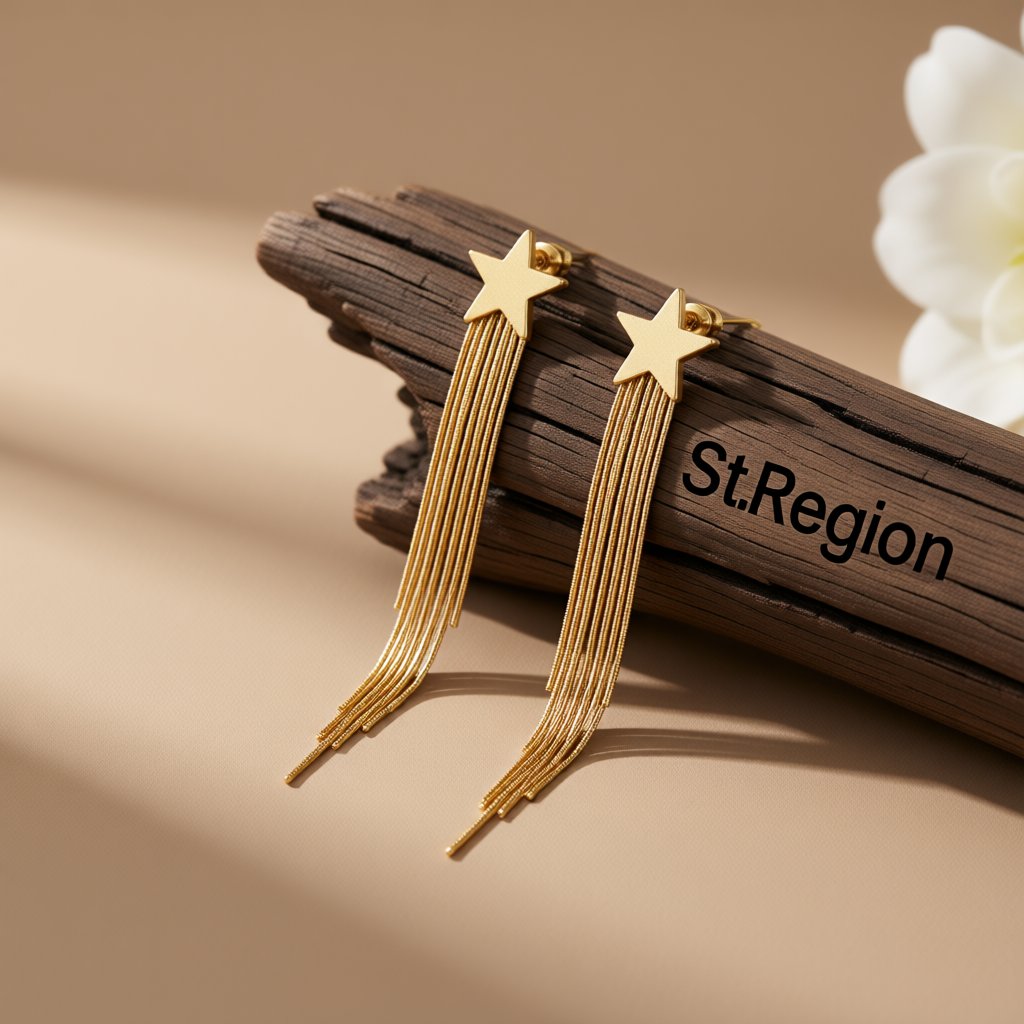18K Gold-Plated Star Tassel Drop Earrings, gold drop earrings for women, elegant gift for her, front view