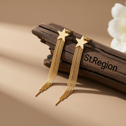 18K Gold-Plated Star Tassel Drop Earrings, gold drop earrings for women, elegant gift for her, front view