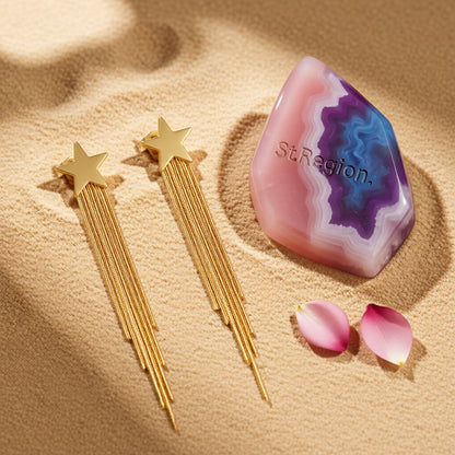 18K Gold-Plated Star Tassel Drop Earrings, gold drop earrings for women, elegant gift for her, detail close-up